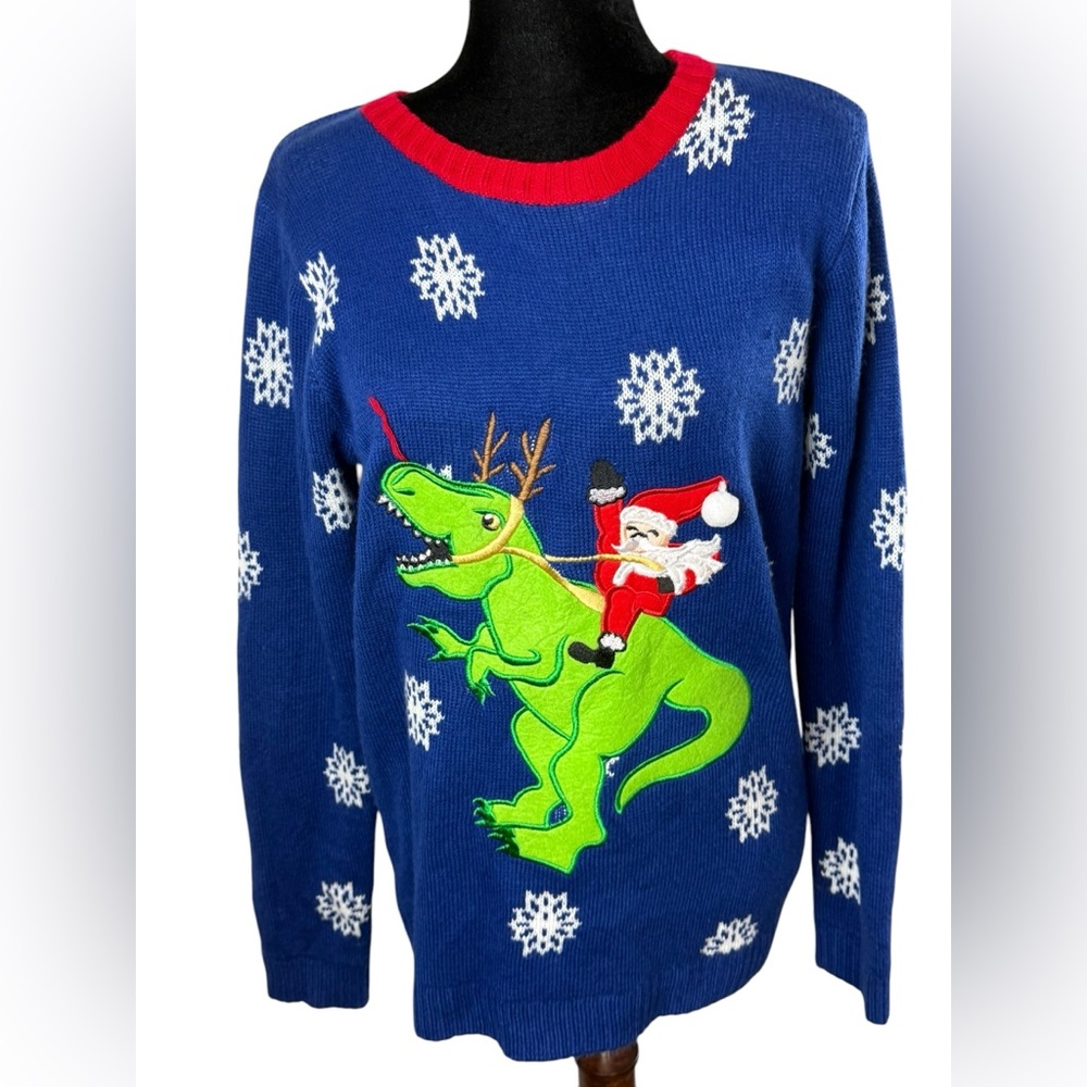 Joyland Blue Christmas Sweater Santa Riding Dinosaur Ugly Christmas Sweater